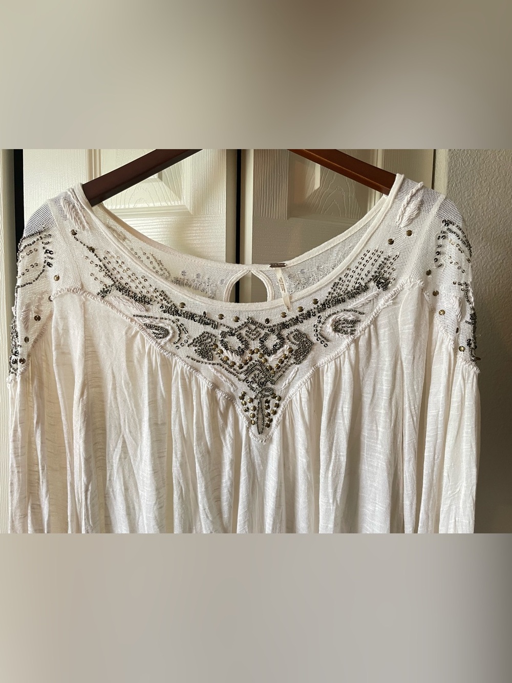 Free People Cream Embellished Scoop-Neck Peasant Blouse - Picture 4 of 7